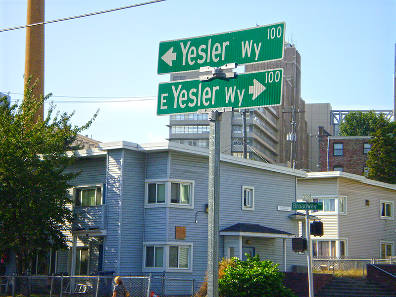 Street sign at corner of Yesler Way and Broadway, August 25, 2009
