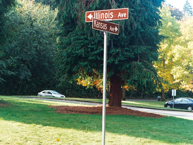 Sign at corner of Illinois Avenue and Texas Way (mislabeled as Kansas Avenue), Discovery Park, October 30, 2011