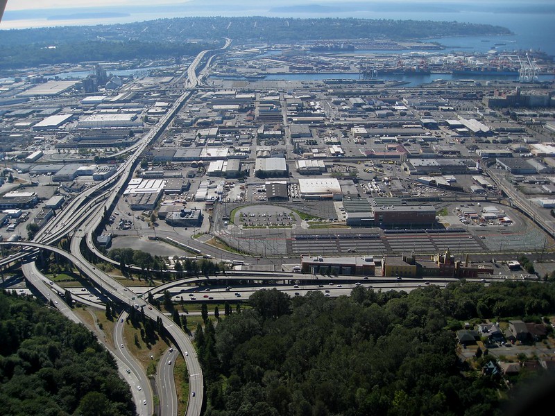 Industrial District, Harbor Island, and West Seattle from above Beacon Hill, with Interstate 5, West Seattle Bridge, and Spokane Street Viaduct, August 15, 2010