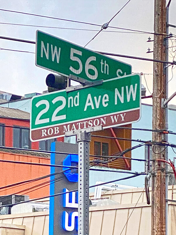 Sign at corner of NW 56th Street and 22nd Avenue NW (Rob Mattson Way), November 10, 2020