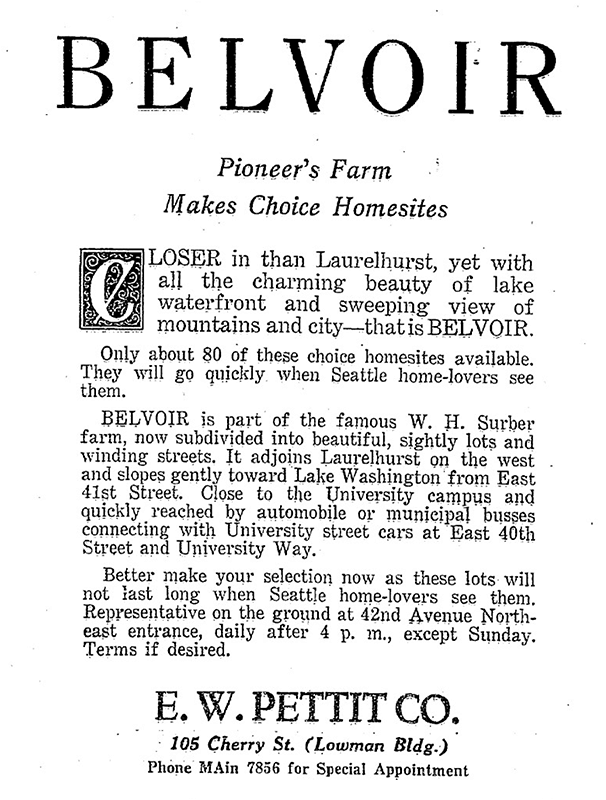 Advertisement for Belvoir, The Seattle Times, September 17, 1926