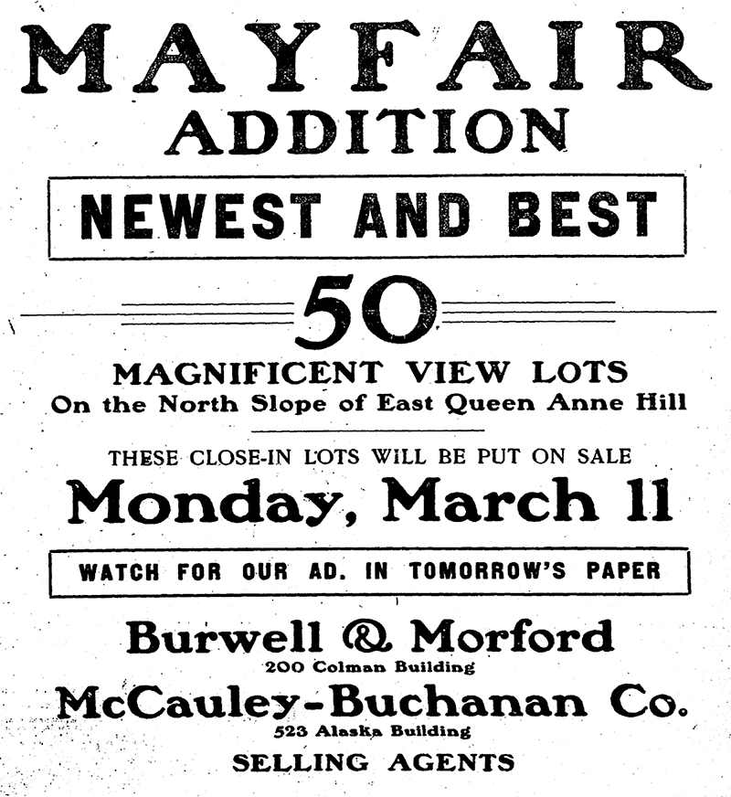 Ad for Mayfair Addition in the Seattle Times, March 8, 1907