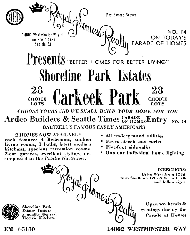 Advertisement for Shoreline Park Estates, The Seattle Times, September 20, 1964