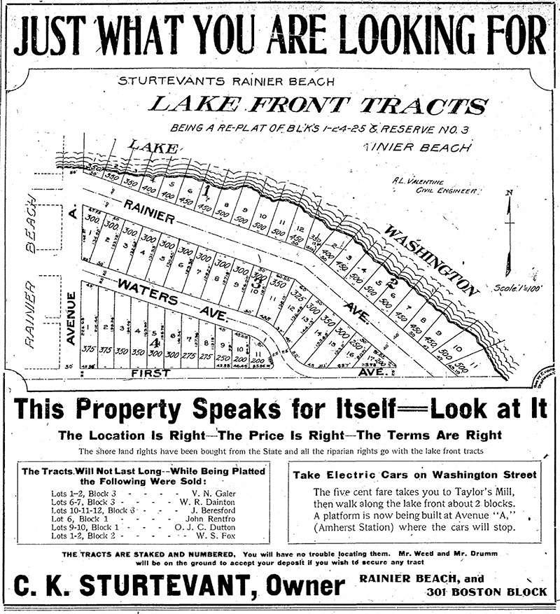 Ad for Sturtevant's Rainier Beach Lake Front Tracts, The Seattle Times, April 8, 1906