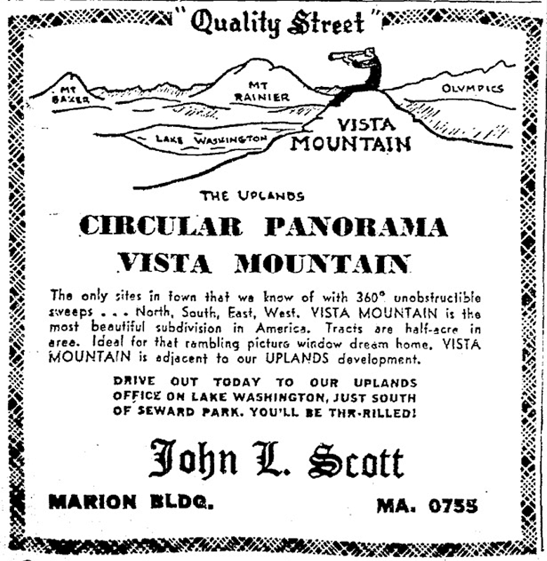 Ad for the Vista Mountain subdivision, The Seattle Times, February 12, 1950