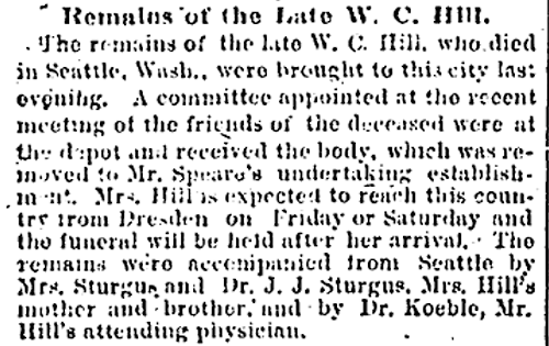 Article in the (Washington, D.C.) Evening Star, September 9, 1890, on the death of W.C. Hill