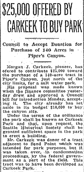 Report in The Seattle Times, May 28, 1927, on the Carkeeks' contribution of funds to buy Piper's Canyon