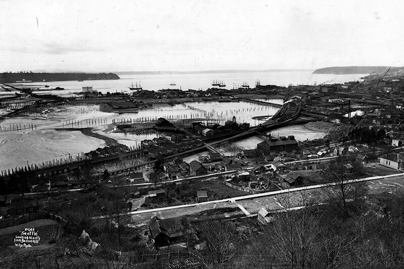View from Beacon Hill looking northwest over Grant Street Bridge and Elliott Bay tideflats, circa 1900