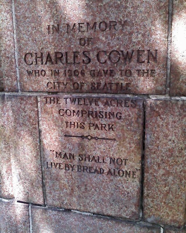 Detail of Charles Cowen memorial at entrance to Cowen Park