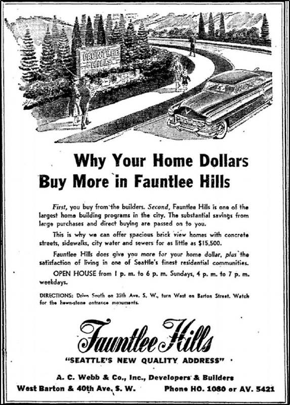 Fauntlee Hills Ad in the November 1, 1953, Seattle Times
