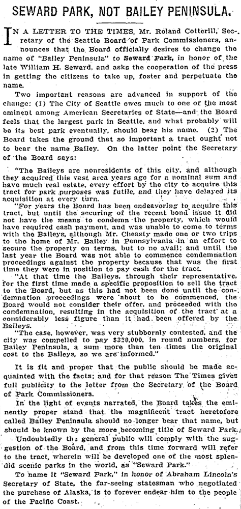 Article in June 11, 1911, Seattle Times on naming of Seward Park