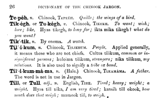 Entry for 'tilikum' in A Dictionary of the Chinook Jargon, Or, Trade Language of Oregon by George Gibbs, 1863