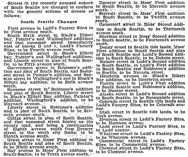 Article on South Seattle street name changes in January 14, 1906, issue of the Seattle Post-Intelligencer