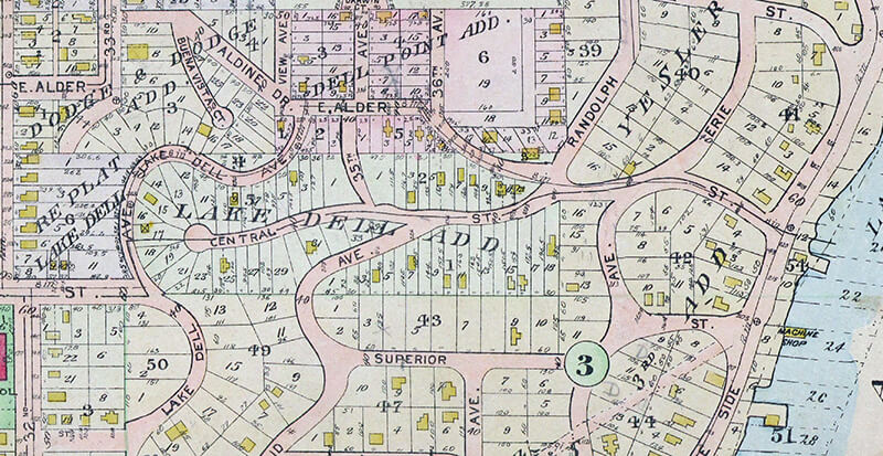 Portion of 1912 Baist real estate atlas of Seattle showing Lake Dell Addition