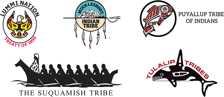 Logos of the following Native American tribes: Lummi Nation, Muckleshoot Indian Tribe, Puyallup Tribe of Indians, The Suquamish Tribe, Tulalip Tribes