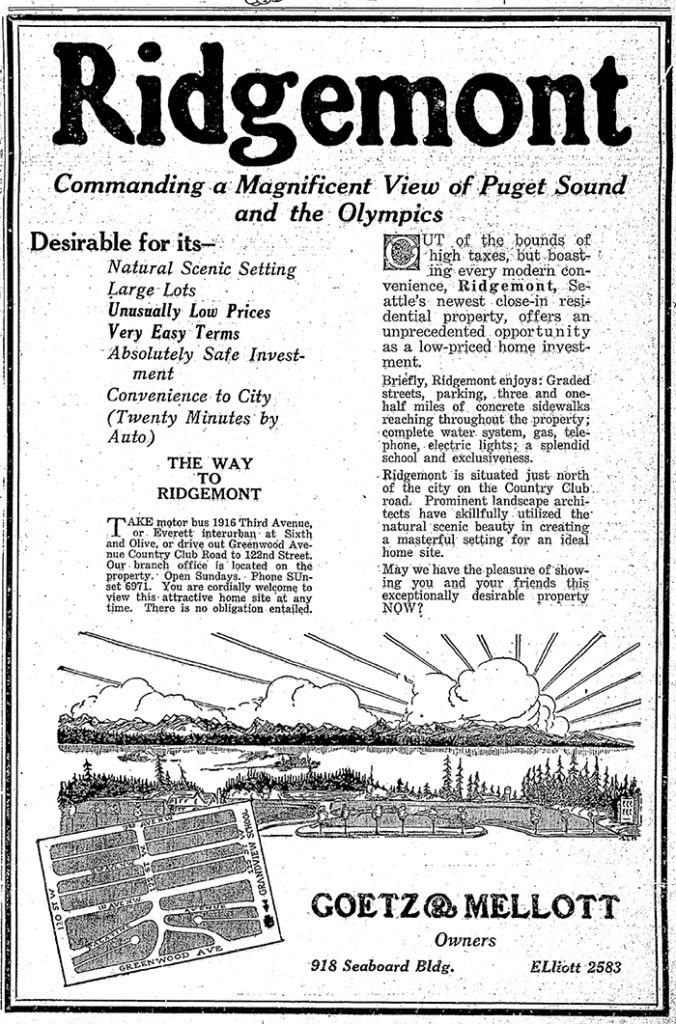 Advertisement for the Ridegmont subdivision, The Seattle Times, October 11, 1925