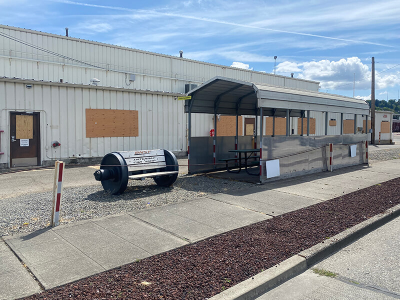 Boarded-up building at Balmer Yard
