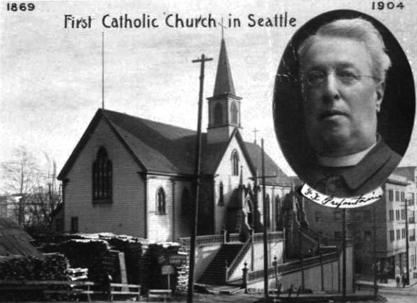 Postcard of Father Francis X. Prefontaine and Our Lady of Good Help, first Catholic church in Seattle