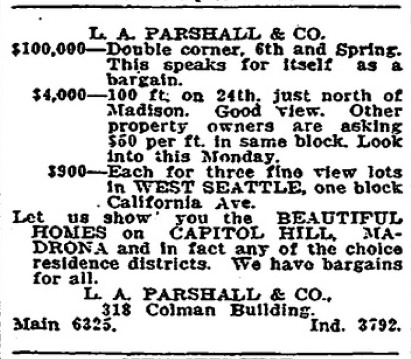 Real estate ad by L.A. Parshall & Co. on page 57 of the April 14, 1907, issue of The Seattle Times